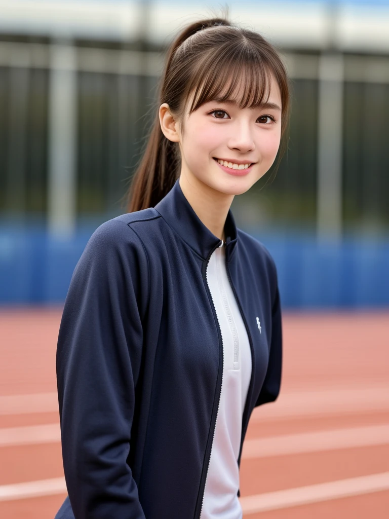 (kawaii 16 year-old Japanese girl, Nogizaka idol, Korean idol, track and field player), healthy female athlete body, glossy brown hair, (high ponytail, bangs:1.2), beautiful black eyes, rounded face, single eyelid, (no makeup:1.2), (big laughing), (long sleeved track jacket:1.3), extra small breasts, BREAK, (track and field stadium  background:1.2), (dynamic angle, bust shot:1.2), BREAK, (masterpiece, best quality, photo realistic, official art:1.4), (UHD, 8K quality wallpaper, high resolution, raw photo, golden ratio:1.3), (shiny skin), professional lighting, physically based rendering, award winning, (highly detailed skin texture, extremely detailed face and eyes textures), Carl Zeiss 85 mm F/1.4, depth of field, (1girl, solo),