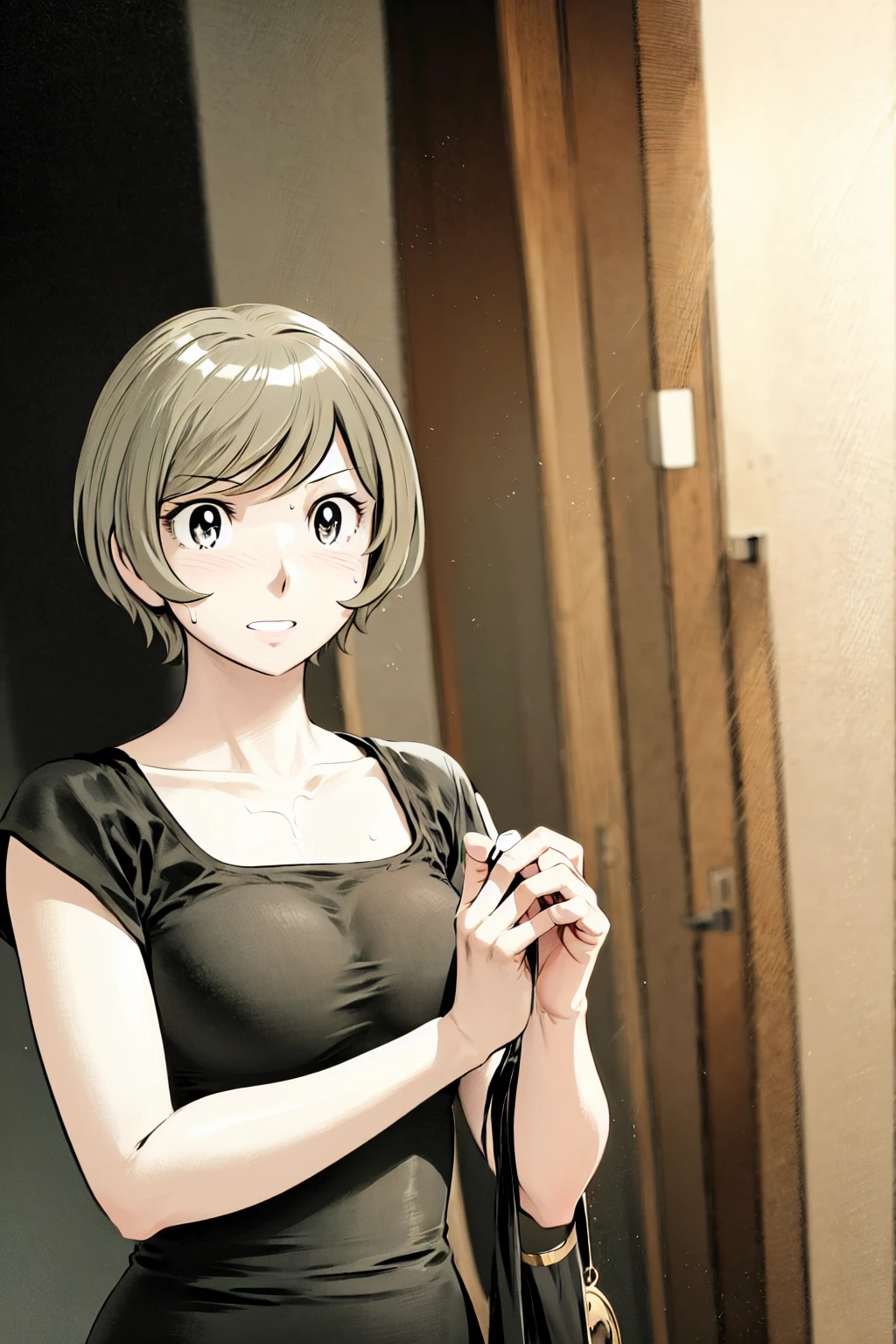 、(masterpiece、Highest quality)、Highest quality, Ultra-high resolution, (((masterpiece))), alone, Sweat、Big eyes, Sleeveless、Outdoor、Floral Dress、turtleneck、Tight clothing、skirt、Composition from the front、（後ろCut your hair short、short hair、blonde、woman）、Shortcuts、Embarrassed face、Cut your hair short、可愛いwomanの子、Big Breasts