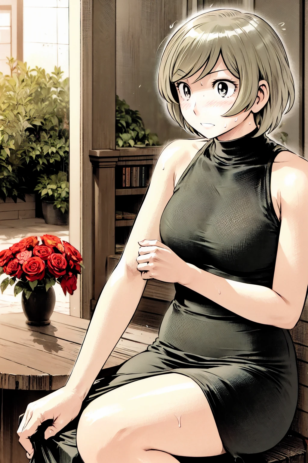 、(masterpiece、Highest quality)、Highest quality, Ultra-high resolution, (((masterpiece))), alone, Sweat、Big eyes, Sleeveless、Outdoor、Floral Dress、turtleneck、Tight clothing、skirt、Composition from the front、(後ろCut your hair short、short hair、blonde、woman)、Shortcuts、Embarrassed face、Cut your hair short、可愛いwomanの子、Big Breasts