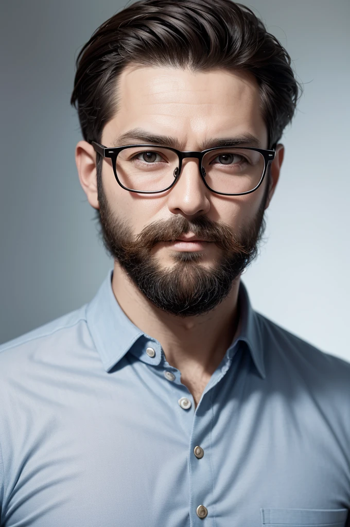 Create image of a modern man, short hair and beard , wearing glasses , middle-age, who appears to be intelligent.