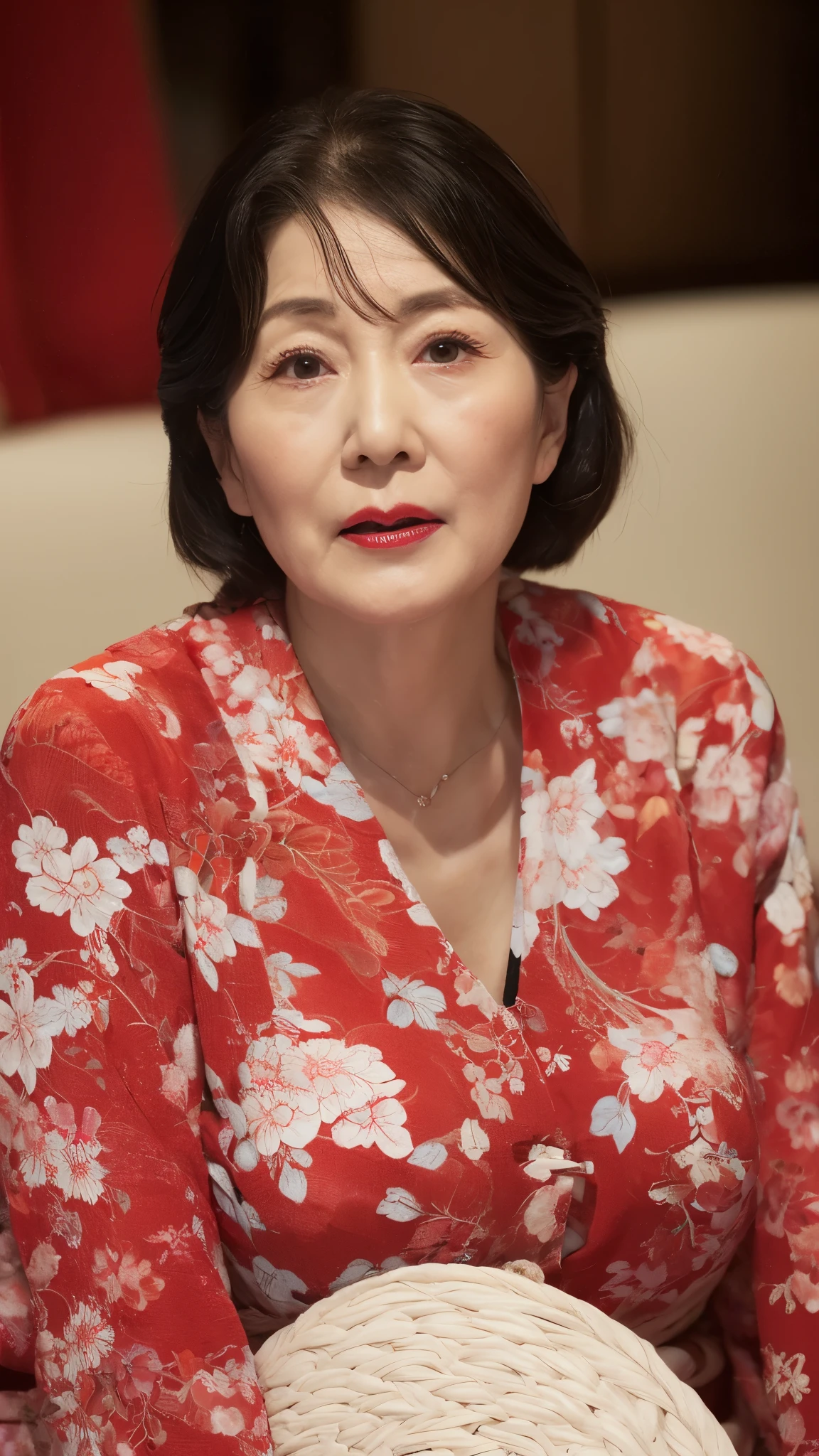 Face close-up, Japanese painting, senior citizen, Draw lips correctly, Red lipstick, No discomfort, 16K, Highest quality, Very detailed, Realistic, Very detailed肌, (Japanese), (alone), 100 years old, Large Breasts, Mature Housewife, Glamour, sexy, Chromo White Skin, Staring straight ahead,