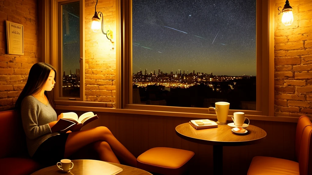 "A tranquil night scene of a cozy café with warm lights. A person is reading a book, surrounded by the soft glow of lamps, with a cup of coffee on the table. Outside the window, a starry sky and city lights create a calming atmosphere."