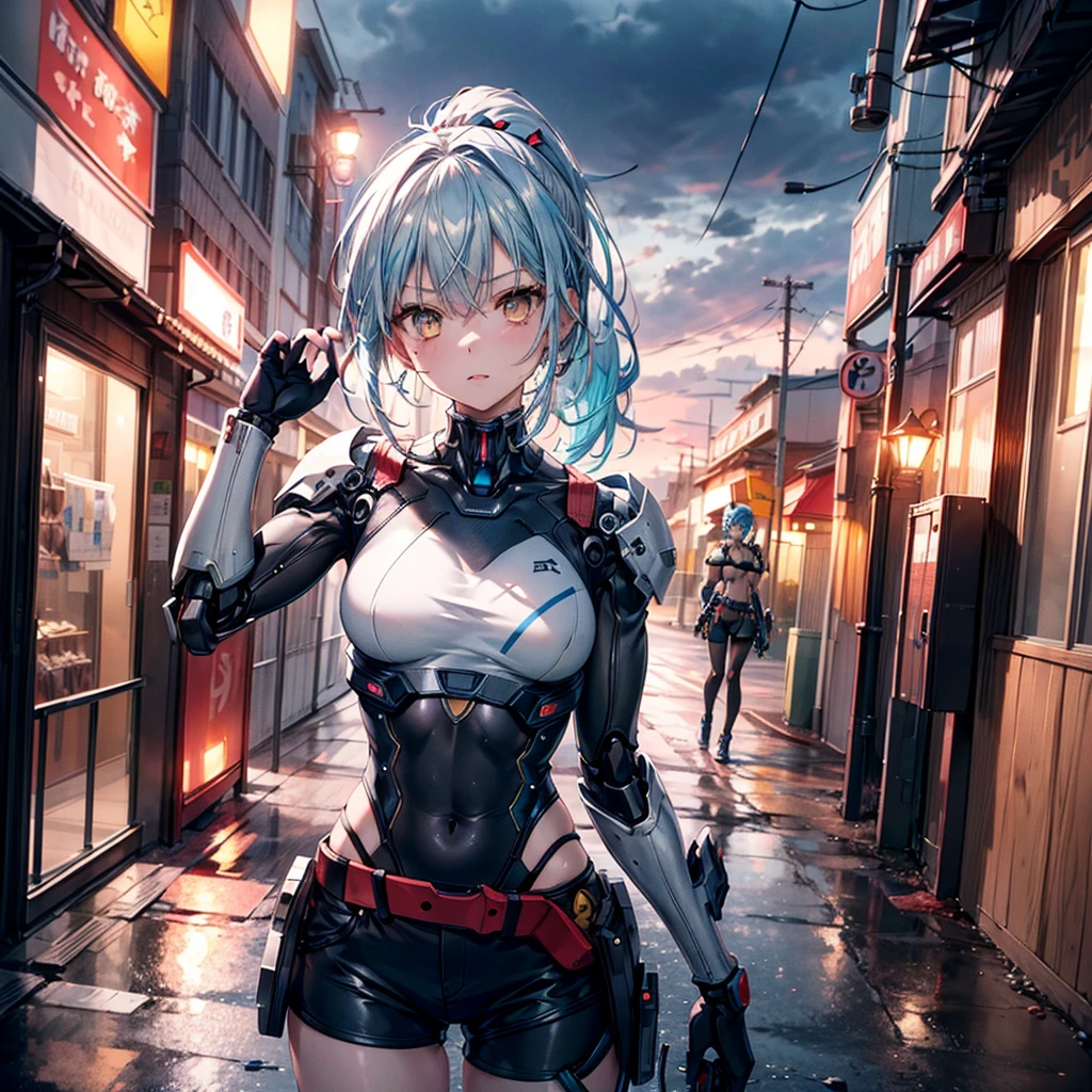((Highest quality,masterpiece,detailed,4K)), A girl anime character with half of her body being a cyborg. She has blue hair and yellow eyes. She is wearing a sports bra and shorts. Her profession is a mechanic. Draw her in a dynamic pose with a wrench in her hand. 1girl, 独奏, small breasts, arm up, black gloves, belt, ponytail, long hair, gray sky, rain, blurry background, wasteland, looking at viewer, (mecha)
