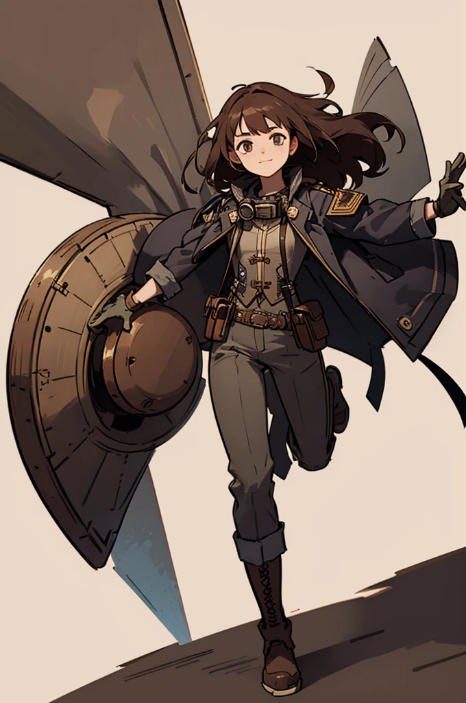 1.steampunk,15 years old,Brown Hair,Long Hair,goggles,A fake smile,gloves,whole body,boots,pants