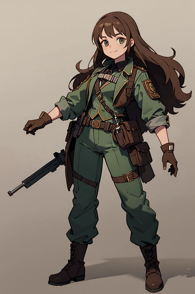 1.steampunk,15 years old,Brown Hair,Long Hair,goggles,A fake smile,gloves,whole body,boots,pants