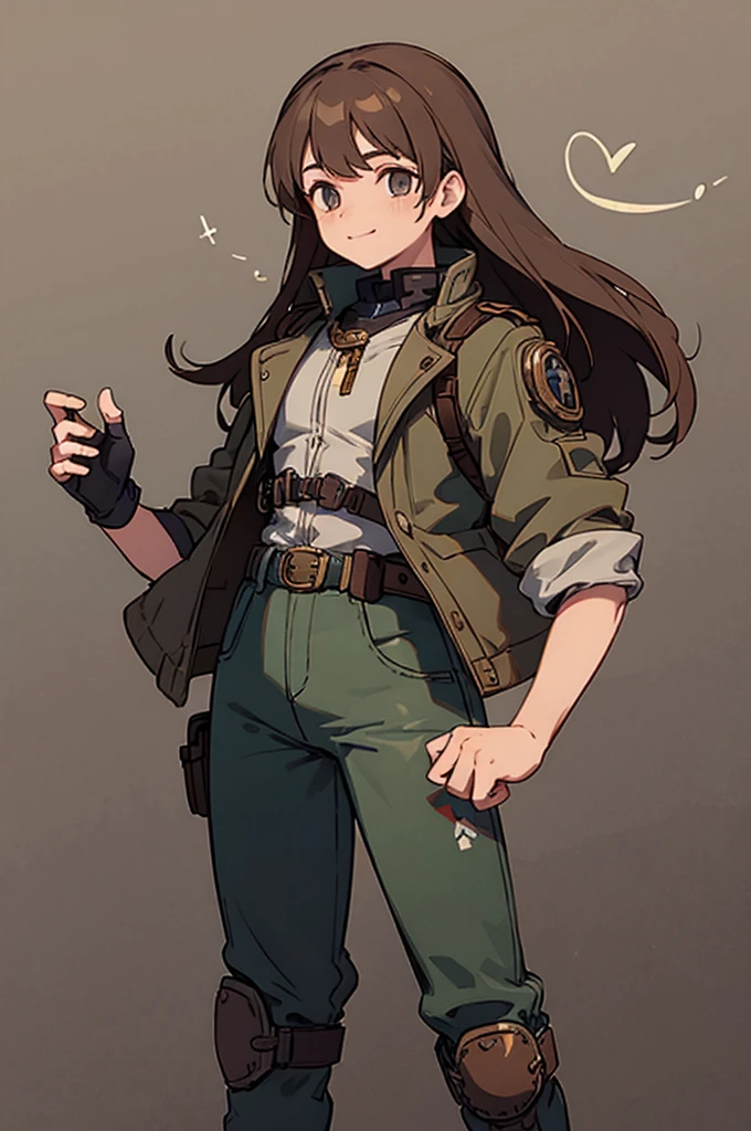 1.steampunk,,Brown Hair,Long Hair,goggles,A fake smile,gloves,whole body,boots,pants