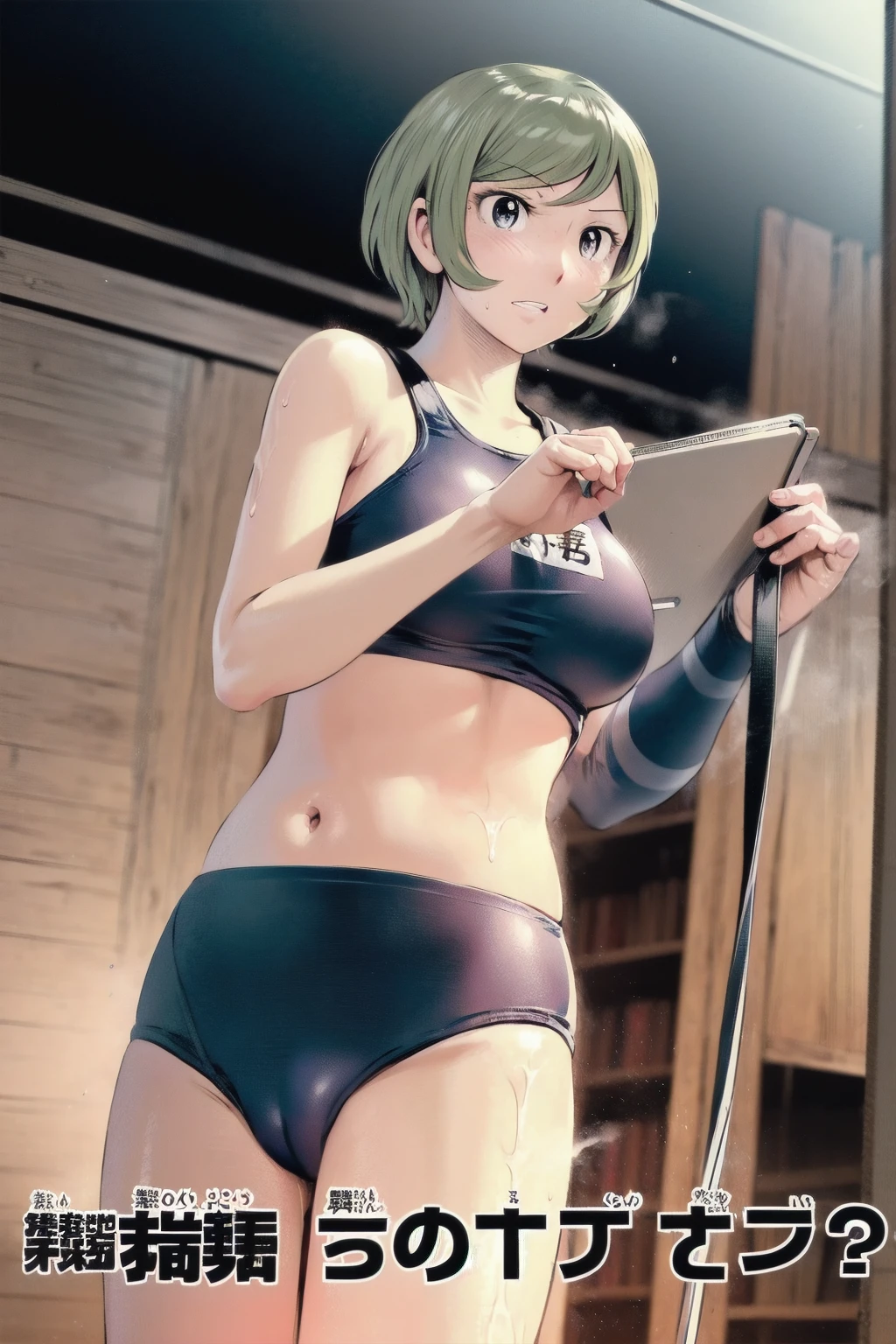 Blue school swimsuit、(masterpiece、Highest quality)、Highest quality, Ultra-high resolution, (((masterpiece))), alone, Sweat、Big eyes, Composition from the front、Shortcuts、Embarrassed face、blonde、Cut your hair short、School swimming pool、short hair、Pussy Line、Browsing Caution、Butt