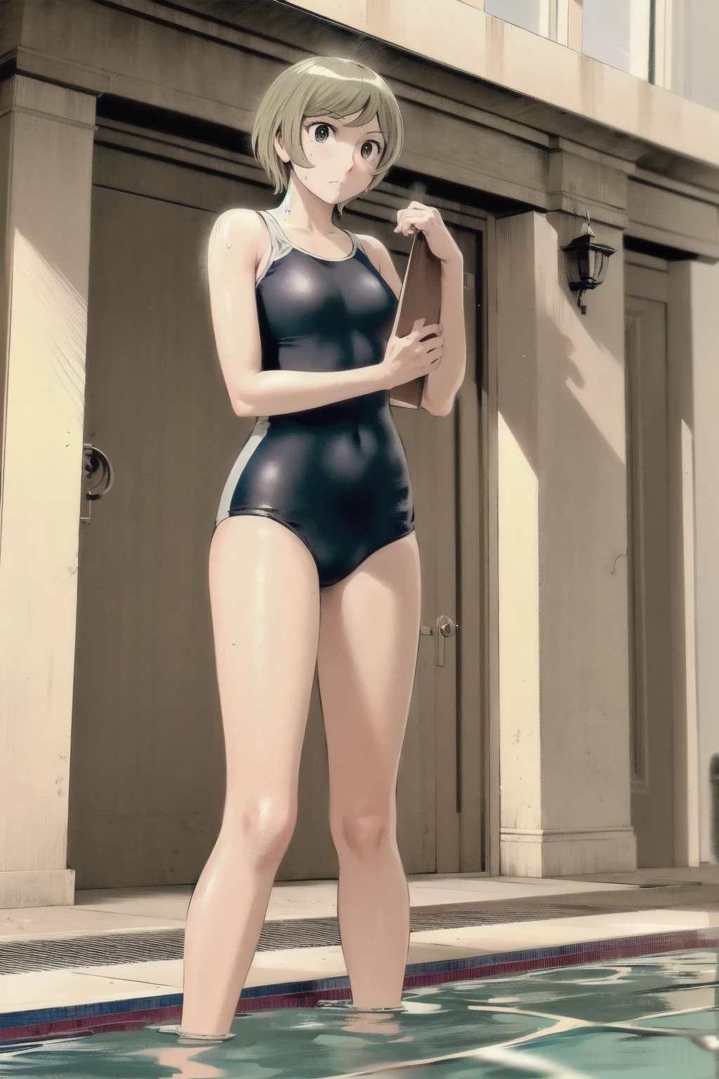 Blue school swimsuit、(masterpiece、Highest quality)、Highest quality, Ultra-high resolution, (((masterpiece))), alone, Sweat、Big eyes, Composition from the front、Shortcuts、Embarrassed face、blonde、Cut your hair short、School swimming pool、short hair、Pussy Line、Browsing Caution、Butt