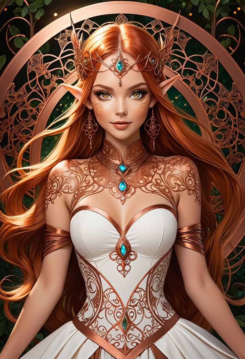 Steampunk inspired elven princess. copper wire necklaces and bangles. Crown of fine copper wire. copper coloured tatoos cover her face and body intricate and beautiful designs. LArge pointed ears that end in curlicues. Hands on hips. Ember colored eyes adorned with intricate copper wireing. a Pure white dress, hemmed with copper, covered in copper lace and filligree. cppper designs cover the skirt in a kaleidoscope of intricate copper designs. Background is magical verdant forrest. Her visage is a mesmerizing blend of Sydney Sweeney, creating a unique, symmetrical face that exudes elegance and grace. Copper colores face tattoos. Copper colored are, and chest tatoos. Cozy, romantic lighting. Cheerful smile. Copper hair that shimmers and sparkles in the lights. Hourglass figure. copper lips. copper eye shadow.