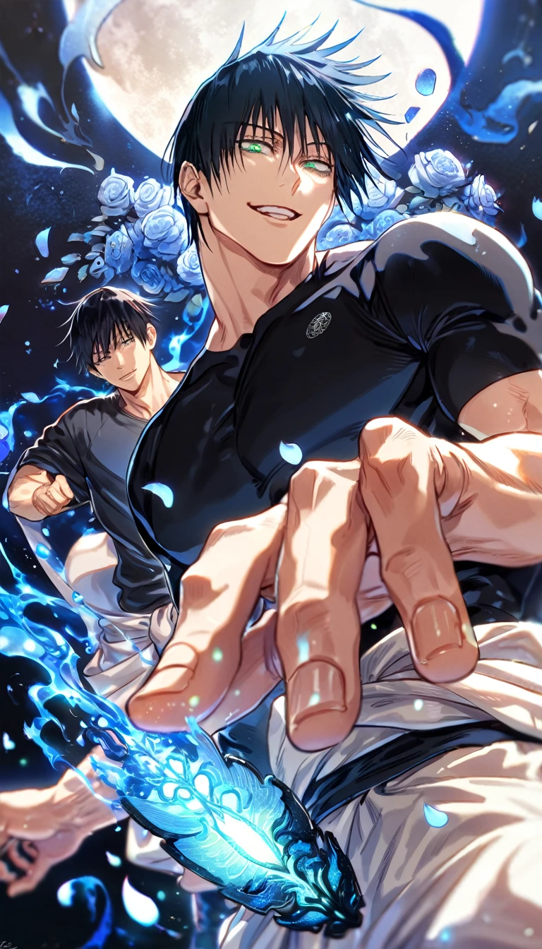 Ultra detailed, HDR, Highres, absurdres, master piece, Fushiguro Touji, black hair, expressive green eyes, Jujutsu Kaisen, handsome, sexy man, solo, black tight shirt, blue water, fantasy, magical, cursed energy, blue aura, blue petals, handsome smile, best quality, blue roses, blue fireflies, shining fireflies, blue moon, 8K, white baggy pants