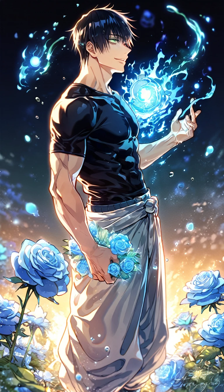 Ultra detailed, HDR, Highres, absurdres, master piece, Fushiguro Touji, black hair, expressive green eyes, Jujutsu Kaisen, handsome, sexy man, solo, black tight shirt, blue water, fantasy, magical, cursed energy, blue aura, blue petals, handsome smile, best quality, blue roses, blue fireflies, shining fireflies, blue moon, 8K, white baggy pants