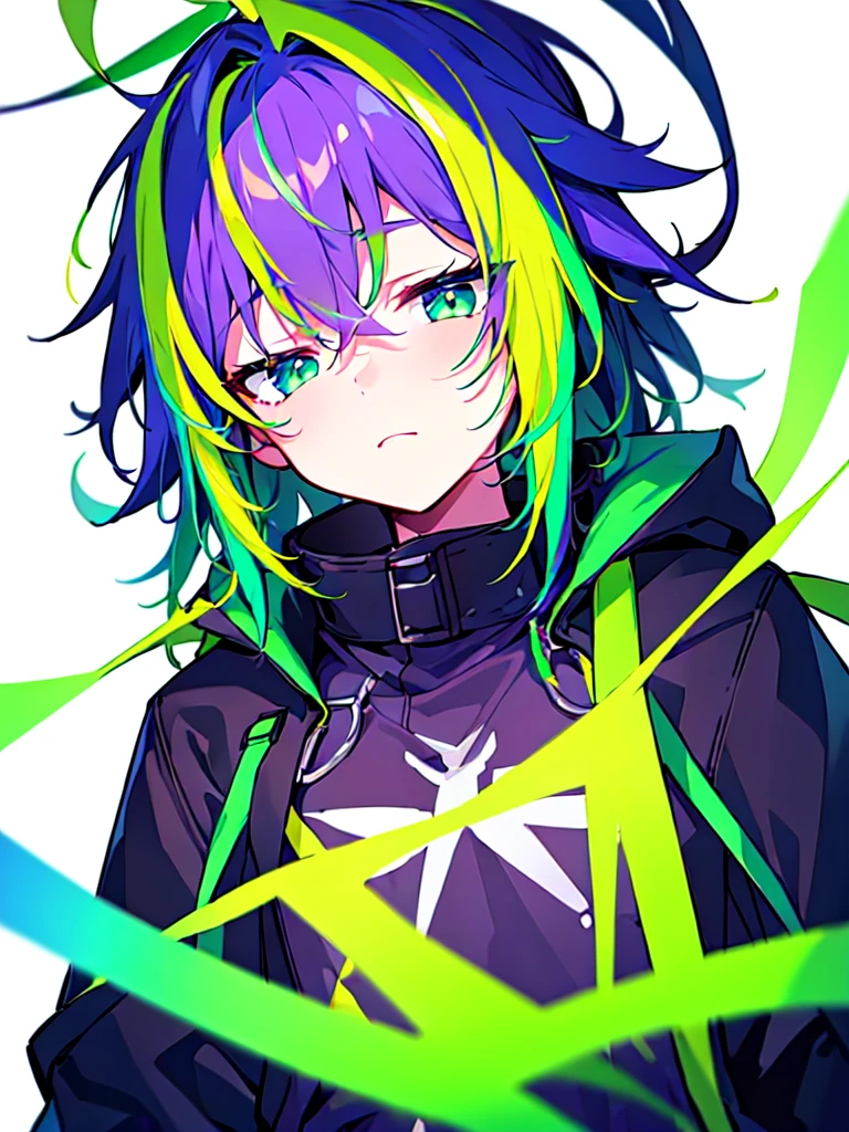 [(WHITE BACKGROUND:1.5),::5], ((((masterpiece)))), high quality, ultra very high resolution, full color, (((solo))), ((little boy)), Purple hair, ((Green streaked hair)), (Green eyes), anime, ((upper body)), neon light, black parka, 