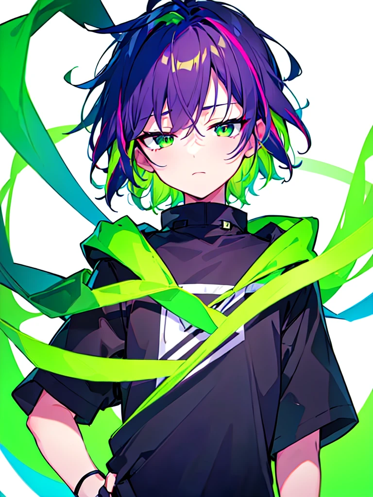 [(WHITE BACKGROUND:1.5),::5], ((((masterpiece)))), high quality, ultra very high resolution, full color, (((solo))), ((little boy)), Purple hair, ((Green streaked hair)), (Green eyes), anime, ((upper body)), neon light, black parka, 