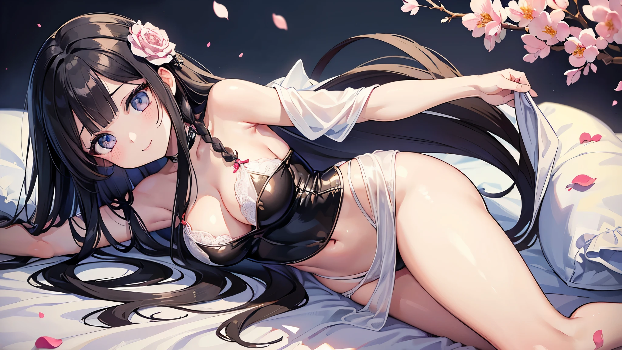 (masterpiece: 1.3、Highest quality、Ultra-high resolution、Very detailed)、(Real、Photorealistic)、raw、Beautiful illustrations、Perfect lighting、Natural light、Depth of the Boundary、Beautifully detailed hair、Beautifully detailed face、Beautiful details、Beautiful body、Firm breasts、Beautiful clavicle、Beautiful legs、Beautiful Hands、Show to the viewer、((One girl))、Very cute woman、(Perfect Anatomy、Anatomically correct)、Cute and symmetrical face、、Perfect Face、Perfect Eyes、Shiny skin、Long eyelashes、(Big Breasts)、Cleavage、(((Face down on the bedsheets)))、((Scattered petals))、(Cute Smile、Red cheeks)、Thin bangs、((Cover yourself with silk sheets))、(((Angle looking at the viewer)))、(Black braided long straight hair)、((Big black eyes))、(Beautiful body lines)、Bend your elbows、Cowboy Shot
