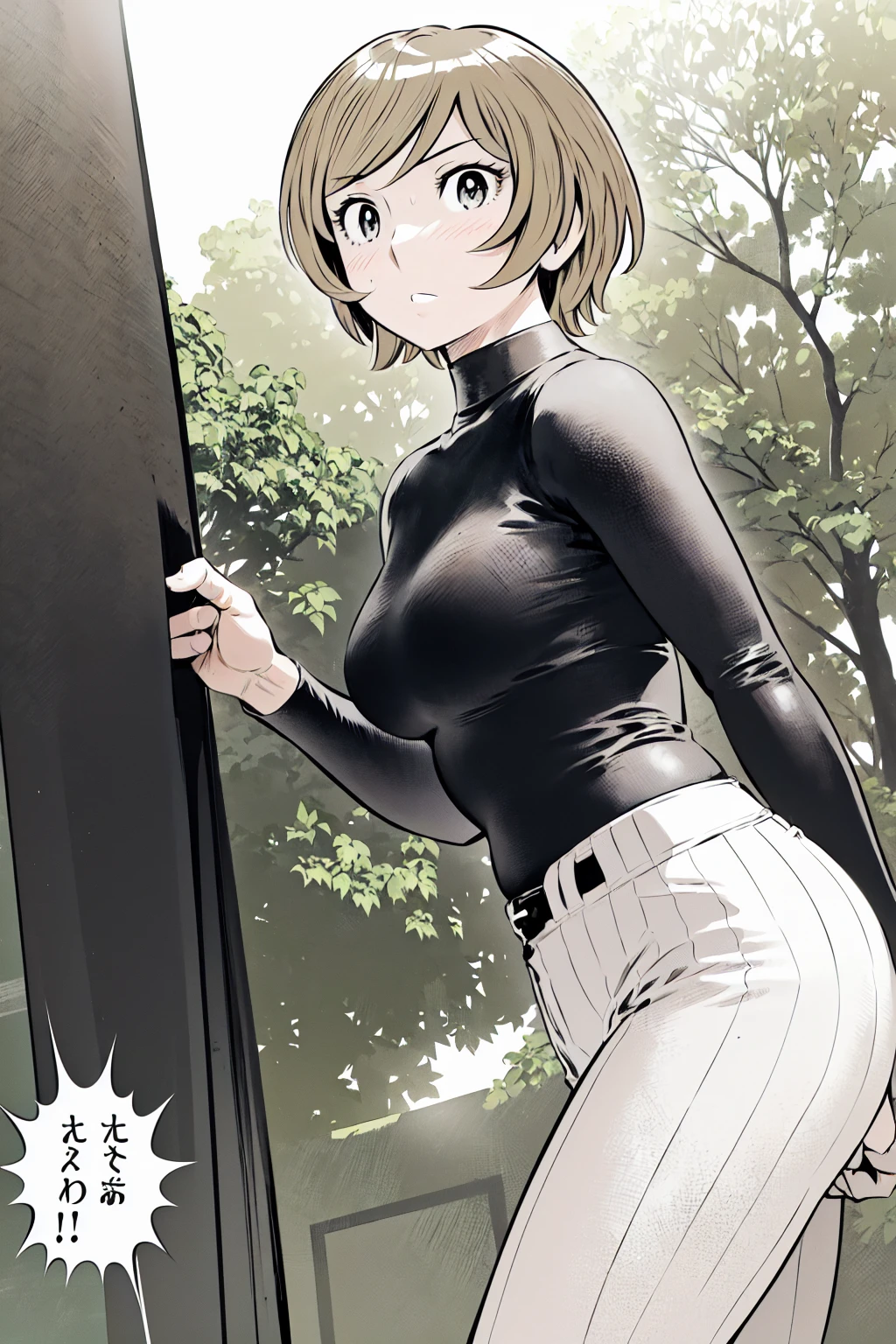 (野球uniform:1.2),
Blonde, (short hair:1.2),Long sleeve, Black Shirt, turtleneck,White trousers、uniform、Black belt、((Illustration of a person))、big 、
View your viewers,, (Highest quality:1.3),One Girl, White pants、uniform、Outdoor、baseball ground、ground、soil、blue eyes、Tight black shirt、(masterpiece、Highest quality)、Highest quality, Ultra-high resolution, (((masterpiece))), alone, Sweat、big eyes、big Breasts、One Girl, Front view、Embarrassed face、Bronze colored hair、((short hair))、Stand up straight、Cowboy Shot