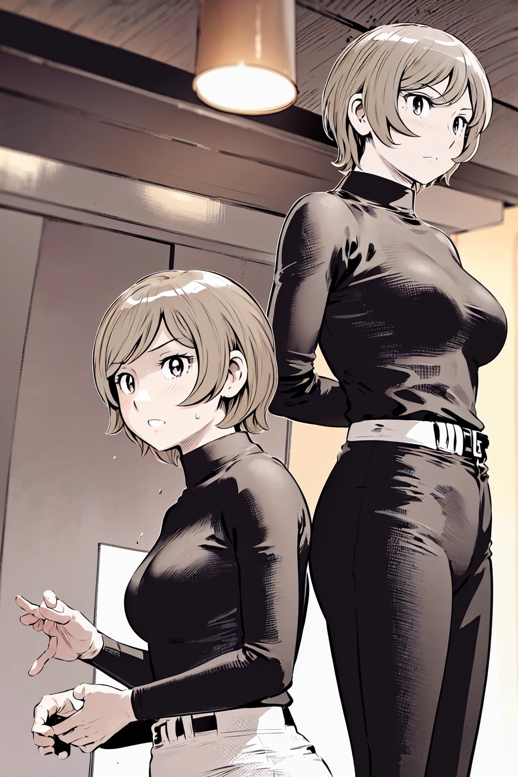 (野球uniform:1.2),
Blonde, (short hair:1.2),Long sleeve, Black Shirt, turtleneck,White trousers、uniform、Black belt、((Illustration of a person))、big 、
View your viewers,, (Highest quality:1.3),One Girl, White pants、uniform、Outdoor、baseball ground、ground、soil、blue eyes、Tight black shirt、(masterpiece、Highest quality)、Highest quality, Ultra-high resolution, (((masterpiece))), alone, Sweat、big eyes、big Breasts、One Girl, Front view、Embarrassed face、Bronze colored hair、((short hair))、Stand up straight、Cowboy Shot