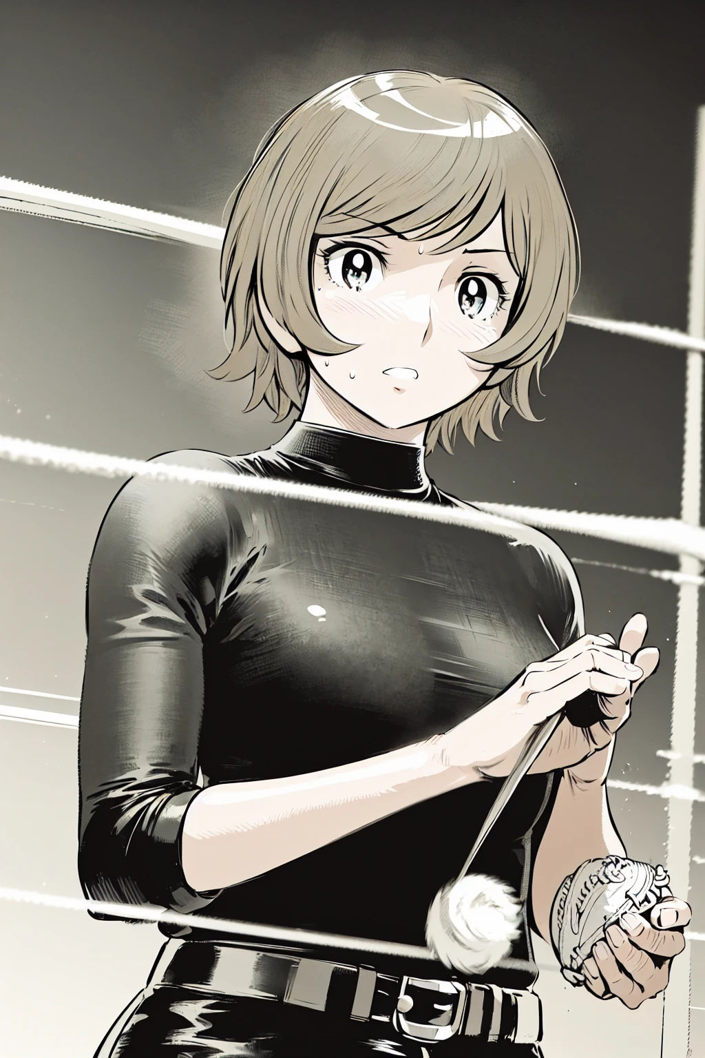 (野球uniform:1.2),
Blonde, (short hair:1.2),Long sleeve, Black Shirt, turtleneck,White trousers、uniform、Black belt、((Illustration of a person))、big 、
View your viewers,, (Highest quality:1.3),One Girl, White pants、uniform、Outdoor、baseball ground、ground、soil、blue eyes、Tight black shirt、(masterpiece、Highest quality)、Highest quality, Ultra-high resolution, (((masterpiece))), alone, Sweat、big eyes、big Breasts、One Girl, Front view、Embarrassed face、Bronze colored hair、((short hair))、Stand up straight、Cowboy Shot