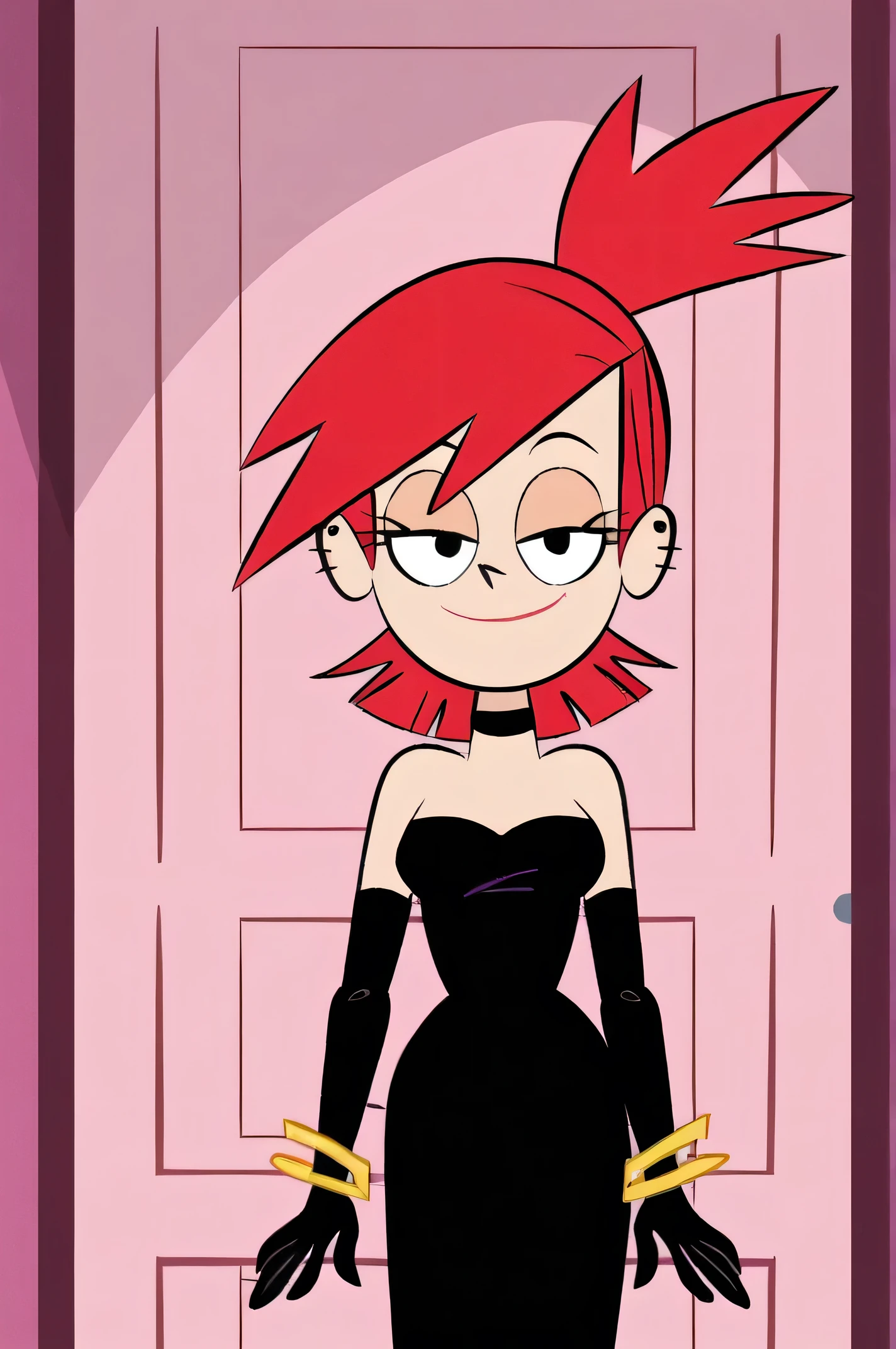 FrankieFoster, red medium hair, red bob hair cut, black eyes, posing, solo, strapless white shirt, black pencil skirt, dress, black elbow gloves, gold bracelet, smug, beautiful, arms at sides, standing at the pink front door, looking at viewers,
