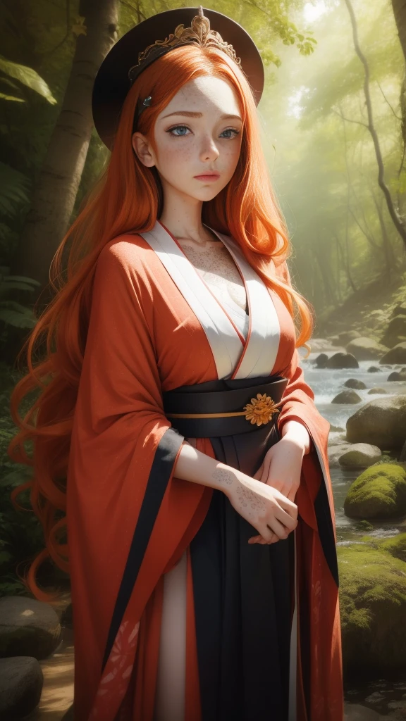 18 years old princess, striking figure, long ginger hair, wavy hairs, fair skin, (((freckles))), ((kolito)), innocent and regal appearance, expressive eyes are filled with a mix of curiosity and determination, her slender frame, elegant grace, vibrant orange kimono with white and black decorations, ornata kimono, very long sleeves feather headdress, in a forest