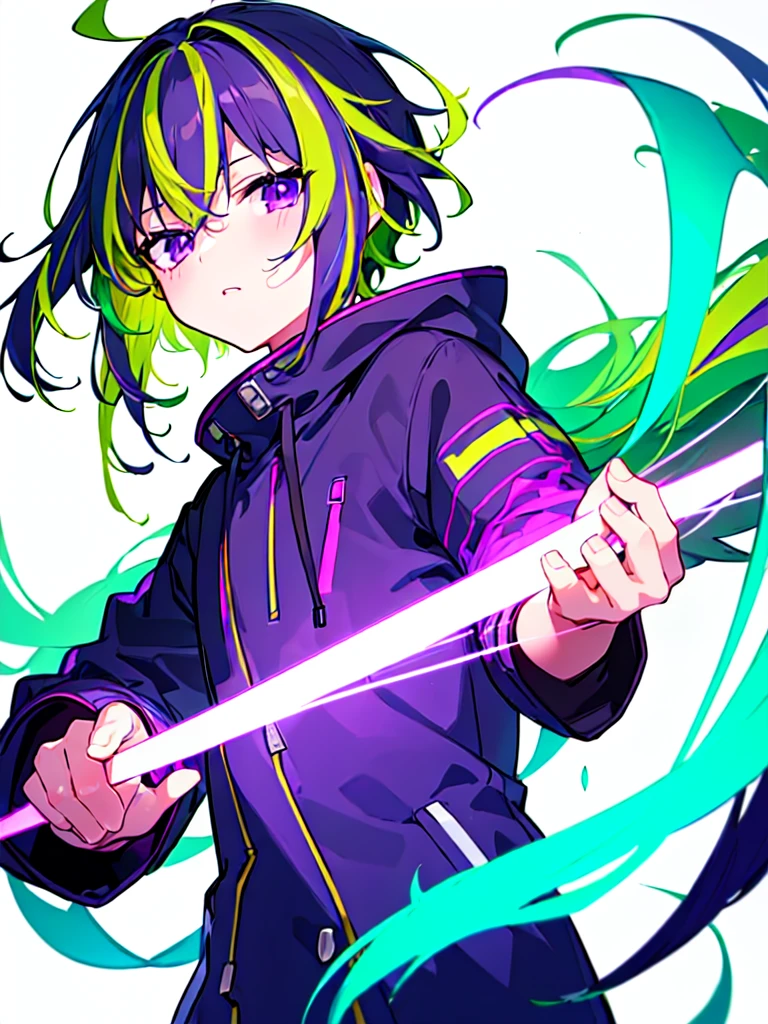 [(WHITE BACKGROUND:1.5),::5], ((((masterpiece)))), high quality, ultra very high resolution, full color, (((solo))), (()), Green hair, ((Purple streaked hair)), (Purple eyes), anime, ((upper body)), neon light, black parka, 