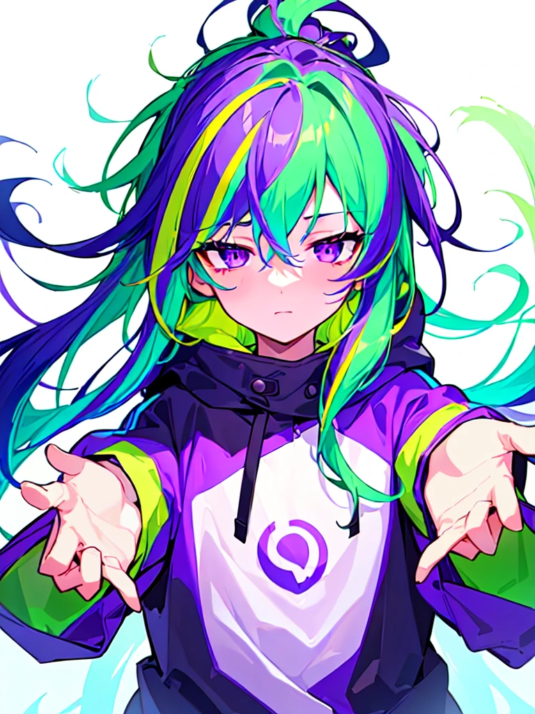 [(WHITE BACKGROUND:1.5),::5], ((((masterpiece)))), high quality, ultra very high resolution, full color, (((solo))), ((little boy)), Green hair, ((Purple streaked hair)), (Purple eyes), anime, ((upper body)), neon light, black parka, 