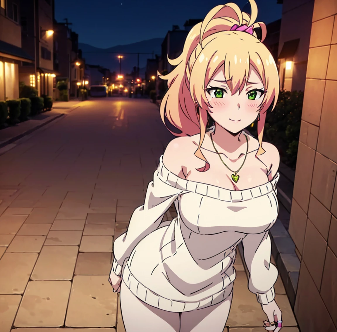 ((1girl)), ((alone)),Yukana Yame, ((extremely detailed CG unity 4k wallpaper)), (masterpiece), (ultra quality), (ultra detailed), (best illustration), (best shadow), (extremely detailed), looking at viewer, (absurdities), curvy body, dynamic pose, large breasts, medium waist, wide hips, wide thighs, round butt,((jewelry , alone, blonde hair, ring, sweater, smile, green eyes, bare shoulders, necklace, heart, heart necklace, off-the-shoulder sweater, blush, ponytail, multi-colored hair, long hair, bag, hair between eyes, cleavage, big breasts, bare shoulders, closed mouth, dress, faded hair, collarbone, bangs, white sweater, black legging pants, wedding ring, long sleeves, high ponytail )),smile, mouth closed)), standing, backlight, ((solo)), ((standing: 1.4, exterior, cityscape, streets, night, city lights, (seductive expression, blushing, sexy, closed mouth, sexy pose), perfect anatomy, perfect hands