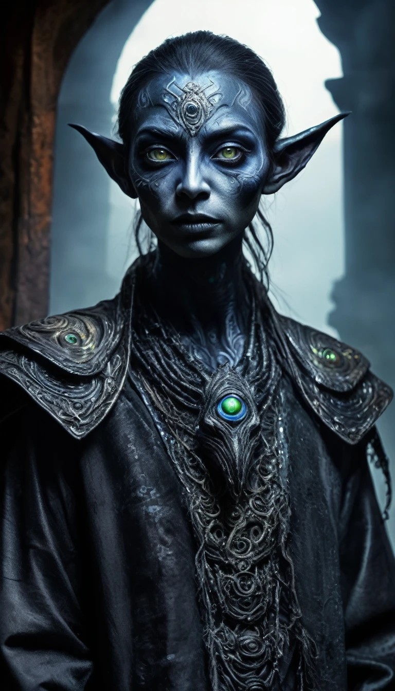 fullb body length shot,beggar niobium graphite AI mummy of Alien Entity,native africa sparas, wants eat,medieval azctec city,Cinematic,soft colors, Technicolor,natural skin textures, hyper realism, hyper detailed,Extremely detailed,High contrast,Masterpiece,Realistic,Ultra Detailed, intricate details,realistic humid leather,extremly intricate,Epic Realistic, cinematic style, irina yermolova,high contrast,hdr,extremely detailed, [deep night landscape],masterpiece, intricate details, eyes extremely detailed, high detailed eyes,8k resolution,retina, Nikon Z9,Korea,orc,Li River in Guangxi Zhuang of Italia, Pisces, pointed ears，perfect, Elf，transition between two art styles, Double contact, X-ray, Creative, vivid light, fantasy, Abstract, Surrealism, super detailed, high resolution, trap against fairies between houses in air,insanity wear,Her skin is pale, almost translucent. His eyes shine with a bluish glow, he wears dark,, symbols of mourning and gothic elements, further emphasizing its dark air. is portrayed as a haunted and tormented entity
