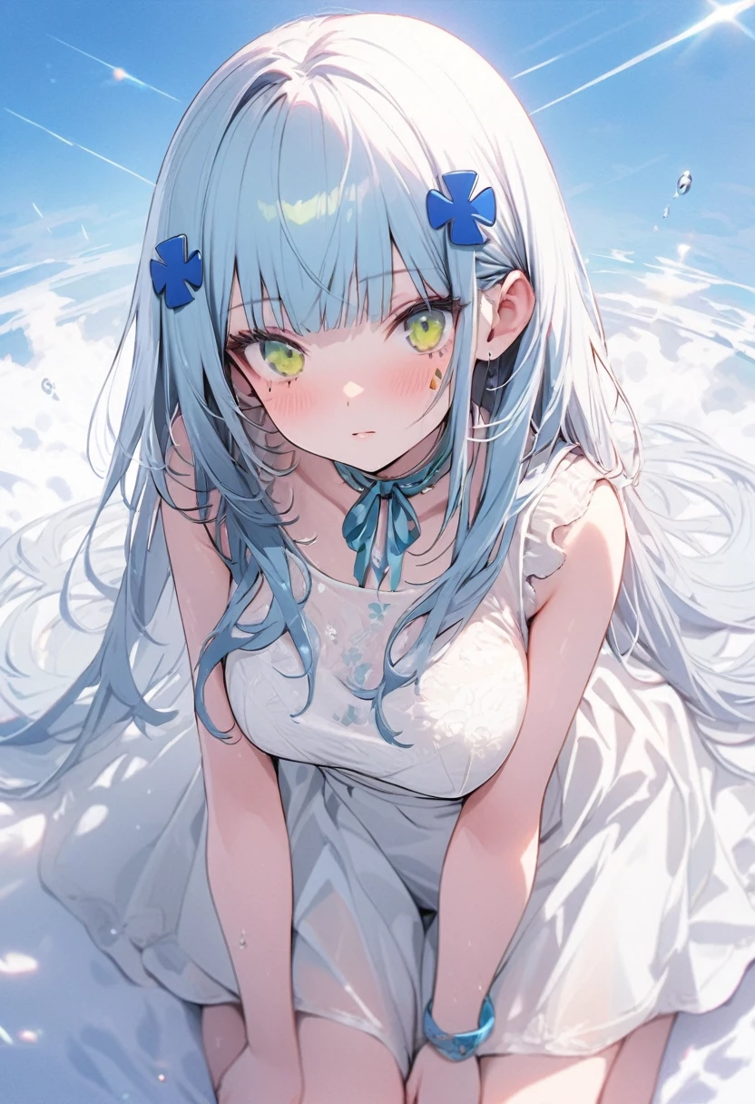 （(1girl))，(((high resolution))),((full body)),straight hair,large breatst,Masterpiece，Super detailed，((white background))，Cool look,((hk416)) ，Hime cut,childish appearance,(expressionless),blunt bangs,(Sky blue hair)，long hair，big breasts,Teenage Girls,Clear Eyes，Green Eyes,white skin,Great graphics,White dress,Delicate Features,white ,(NSFW),(show panties)