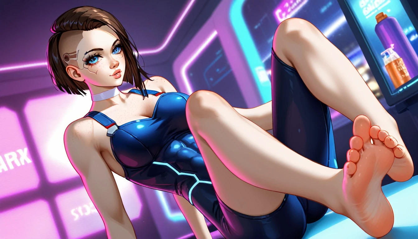 Create a digital anime-style image of a young woman with a modern, brunette, hair cut side shaved head, eyes blue, lips atractive, beatiful fitness of her body. edgy appearance standing confidently in a dimly lit room with a cyberpunk aesthetic. The woman should tight small suit cyberpunk, sample legs and foot, legs open frontal bedroom, styled hair with vibrant colors, The room cyber high details. cute nose, seductive,white choker, pink lips, freckles, large breasts, pretty girl