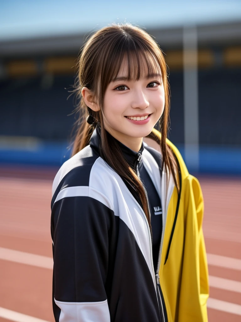 (kawaii 18 year-old Japanese girl, Nogizaka idol, Korean idol, track and field player), healthy female athlete body, glossy brown hair, (high ponytail, bangs:1.2), beautiful black eyes, rounded face, single eyelid, (no makeup:1.2), (big laughing), (long sleeved track jacket:1.3), extra small breasts, BREAK, (track and field stadium  background:1.2), (dynamic angle, bust shot:1.2), BREAK, (masterpiece, best quality, photo realistic, official art:1.4), (UHD, 8K quality wallpaper, high resolution, raw photo, golden ratio:1.3), (shiny skin), professional lighting, physically based rendering, award winning, (highly detailed skin texture, extremely detailed face and eyes textures), Carl Zeiss 85 mm F/1.4, depth of field, (1girl, solo),
