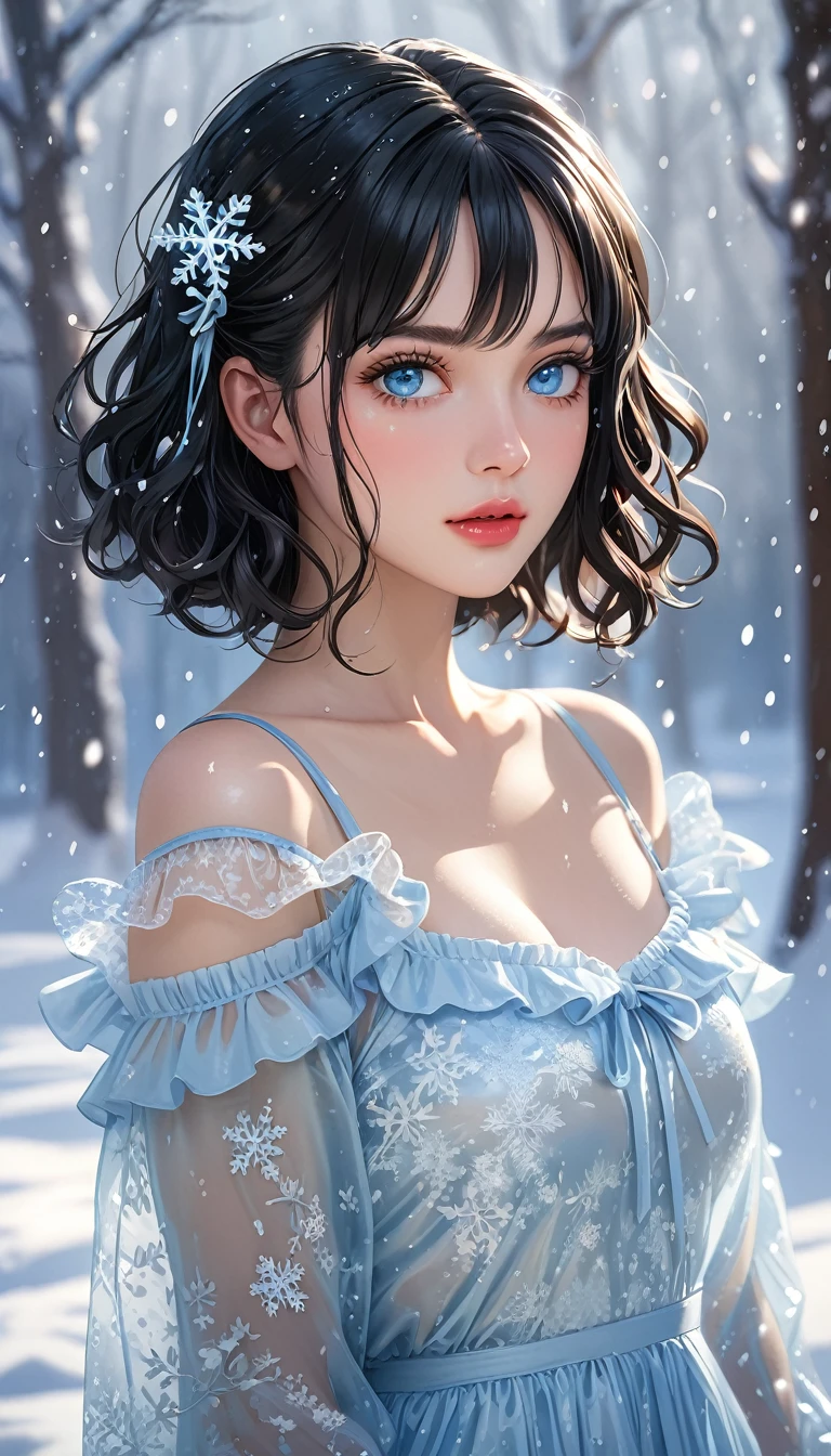 (((masterpiece))),best quality,illustration,4k wallpaper,movie lighting,absurd,1 girl,(snow,ice),snow flower,in winter,(((black hair))),medium bob style,shiny hair,curls,(((pale blue eyes))),transparent clothes,frills,lace,wet clothes,leave_Shoulder,hair tie,masterpiece,telephoto lens,absurd,Exquisite face,features,natural light,soft light,(Seven-part combination),epic,Dreamy and magical,mystery,