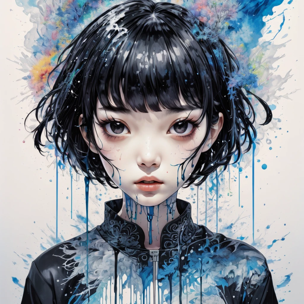 (masterpiece:1.2), ((Intricate details)), Cover art, chaos,
Upper Body, One girl, Japanese Girls, short hair, Black Hair, bangs, Forehead hair, high quality, (Ink Random 6 colors), ((Front view)), Dripping from the face, Clothes dripping, Ink dripping, (Additional weight 1:1.0), (Double exposure), Ink painting landscape