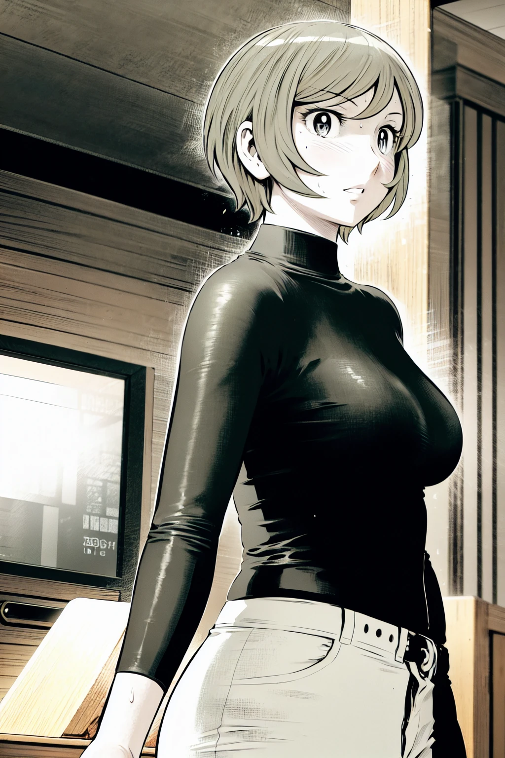 、(masterpiece、Highest quality)、Highest quality, Ultra-high resolution, (((masterpiece))), alone, Sweat、Big eyes,Tight black shirt、Tight white pants、belt、indoor、Composition from the front、(Cut the back hair short、short hair、blonde、woman)、Shortcuts、Embarrassed face、Cut your hair short、可愛いwomanの子、Big Breasts、office