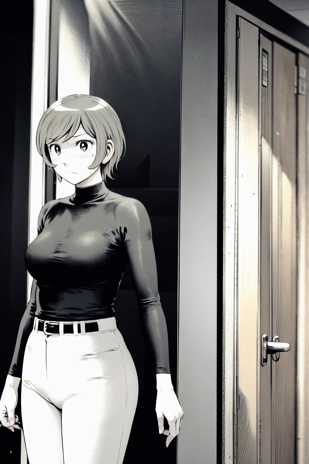 、(masterpiece、Highest quality)、Highest quality, Ultra-high resolution, (((masterpiece))), alone, Sweat、Big eyes,Tight black shirt、Tight white pants、belt、indoor、Composition from the front、（Cut the back hair short、short hair、blonde、woman）、Shortcuts、Embarrassed face、Cut your hair short、可愛いwomanの子、Big Breasts、office
