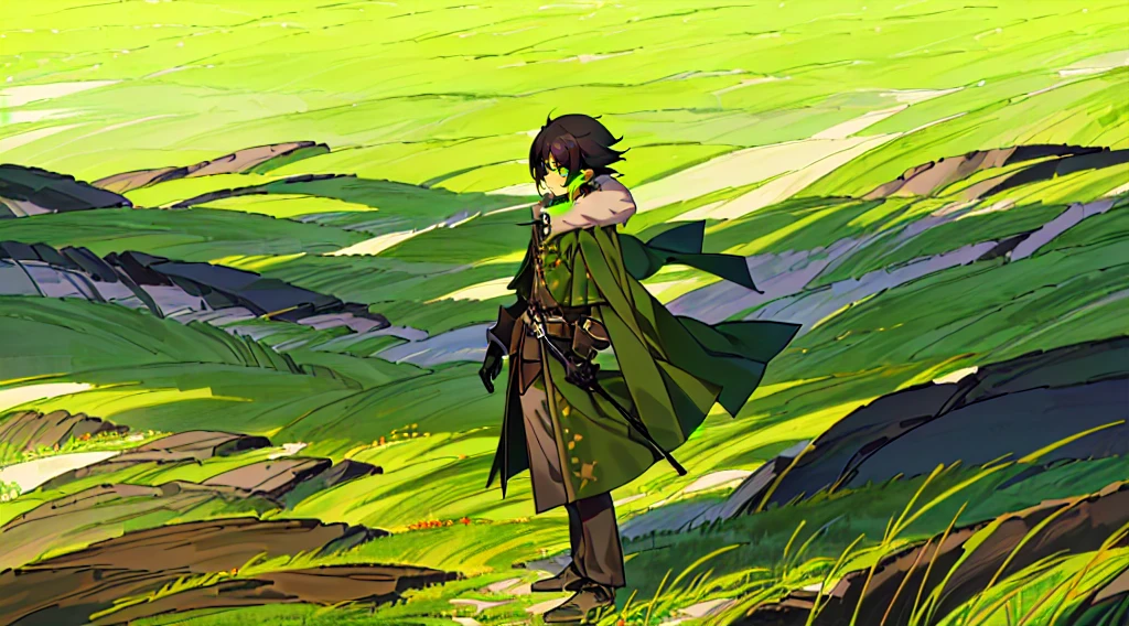 yuichiro hyakuya, (WithoutFear:1), 1 boy, black hair, green eyes, brown coat, gray armor, green shield, green cloak, dark brown gloves, town, white fur trim, tall, anime, standing, good quality, portrait, looking at viewer