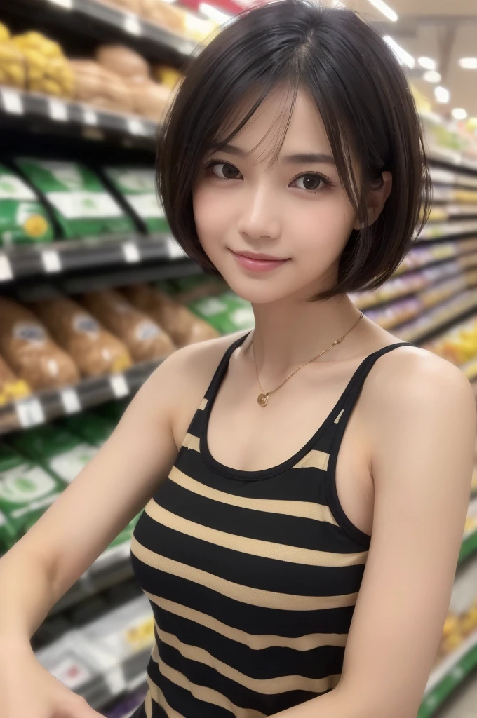 ((Highest quality, 8K, masterpiece: 1.3)), concentrated: 1.2, Perfect Body Beauty: 1.4, ((Layered Haircut,Small breasts: 1.2)), (supermarket:1.3), (Striped tank top : 1.3) ,　A shy smile,Highly detailed face and skin texture, Simple Necklace, (Beautiful, clear black eyes:1.3), double eyelid ,White skin, medium brown bob hair, golden ratio, (shut up: 1.3),