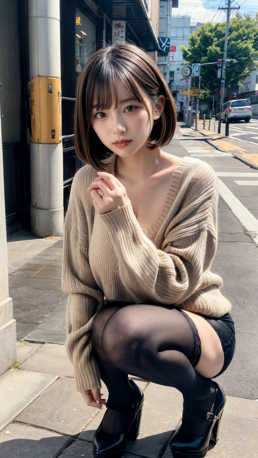 Photo taken by a professional photographer，Close-up of a woman squatting on the sidewalk with her legs crossed, kiko mizuhara, wearing a sweater, Shirahime cut brown hair, wearing a sweater, young and cute girl, japanese model, 白いwearing a sweater, Chiho, ランダムカラーのカジュアルなwearing a sweater,Cute ide waves with short hair, a cute young woman, cute young woman, black pantyhose，black tights，black high heels，