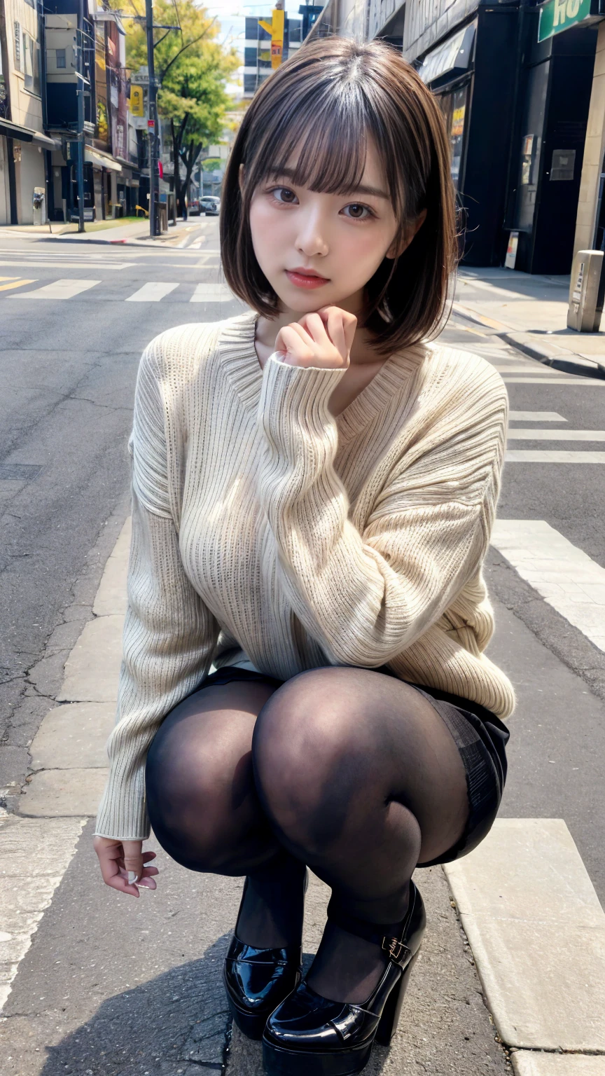 Photo taken by a professional photographer,Close-up of a woman squatting on the sidewalk with her legs crossed, kiko mizuhara, wearing a sweater, Shirahime cut brown hair, wearing a sweater, young and cute girl, japanese model, 白いwearing a sweater, Chiho, ランダムカラーのカジュアルなwearing a sweater,Cute ide waves with short hair, a cute young woman, cute young woman, black pantyhose,black tights,black high heels,