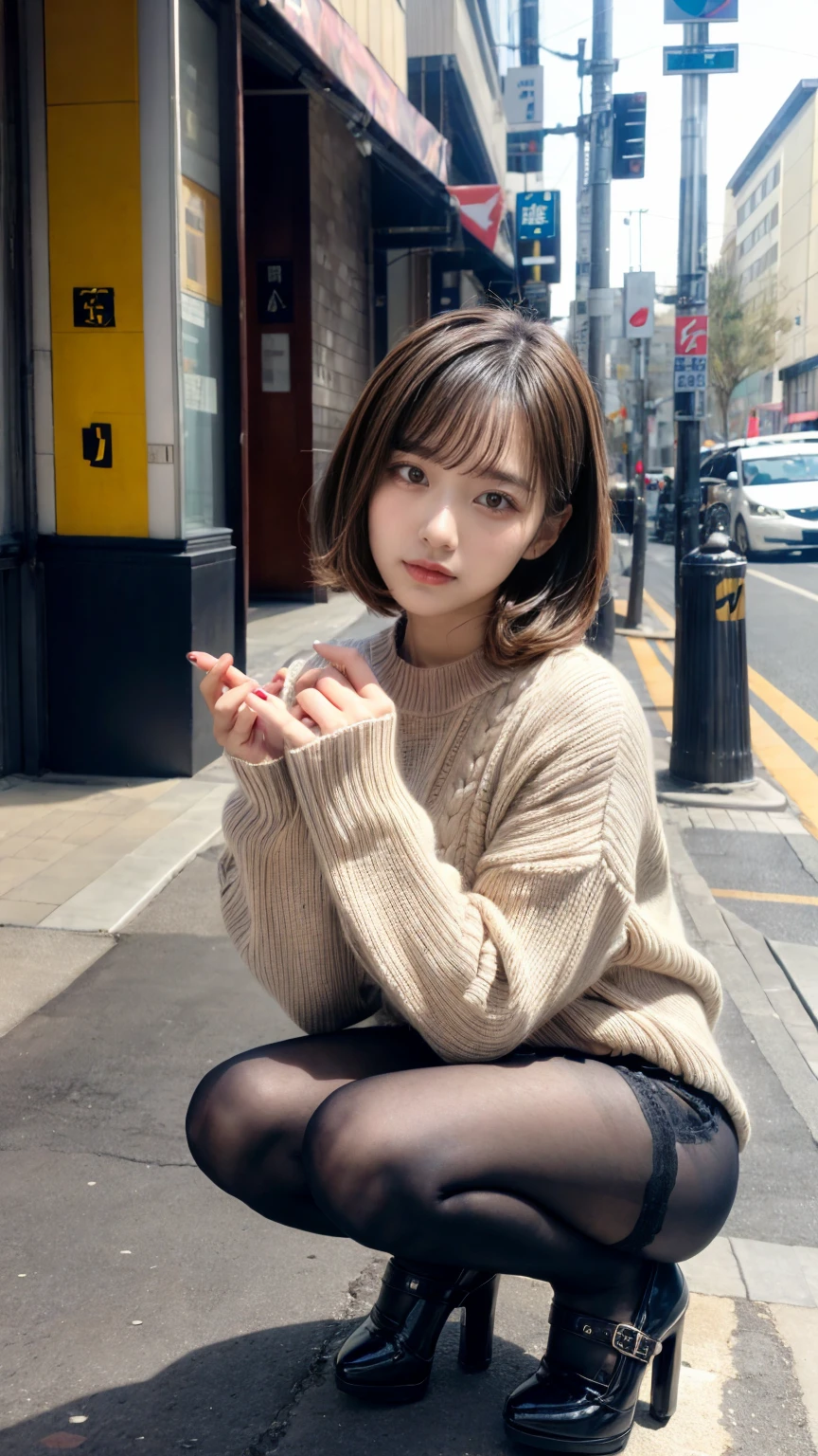 Photo taken by a professional photographer,Close-up of a woman squatting on the sidewalk with her legs crossed, kiko mizuhara, wearing a sweater, Shirahime cut brown hair, wearing a sweater, young and cute girl, japanese model, 白いwearing a sweater, Chiho, ランダムカラーのカジュアルなwearing a sweater,Cute ide waves with short hair, a cute young woman, cute young woman, black pantyhose,black tights,black high heels,