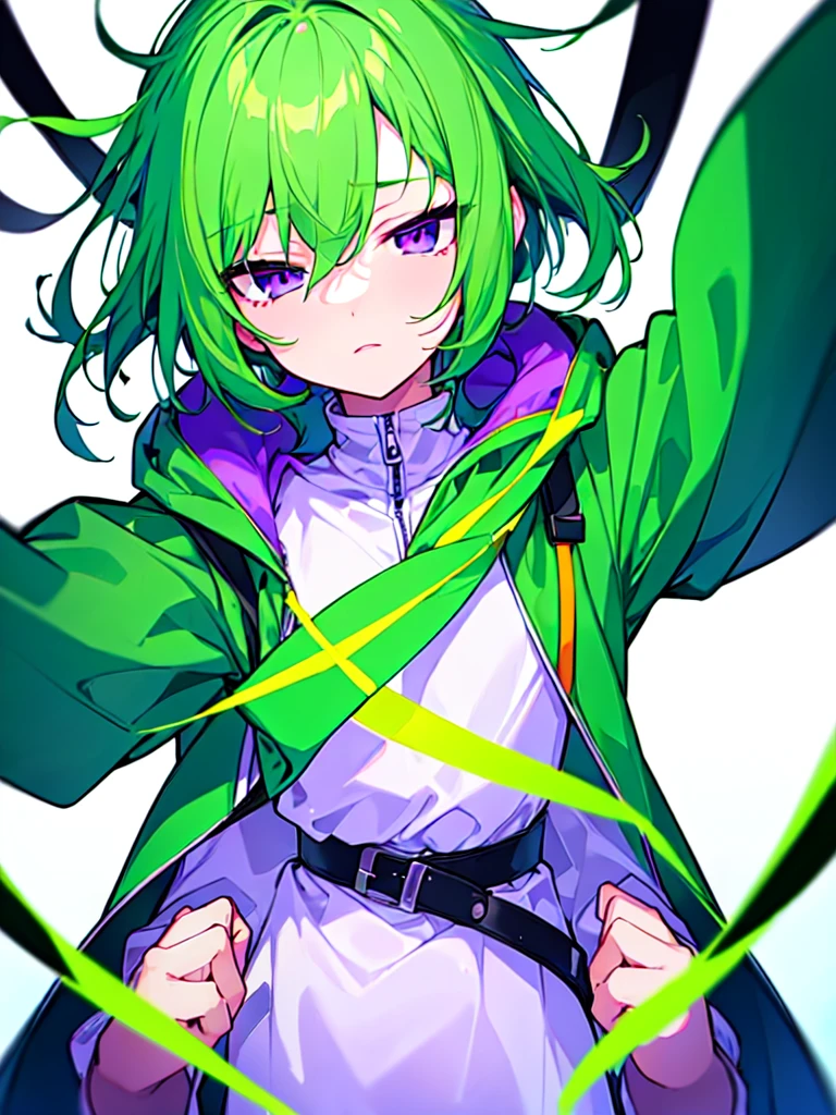 [(WHITE BACKGROUND:1.5),::5], ((((masterpiece)))), high quality, ultra very high resolution, full color, (((solo))), ((little boy)), (Green hair), (Purple eyes), anime, ((upper body)), neon light, black parka, 