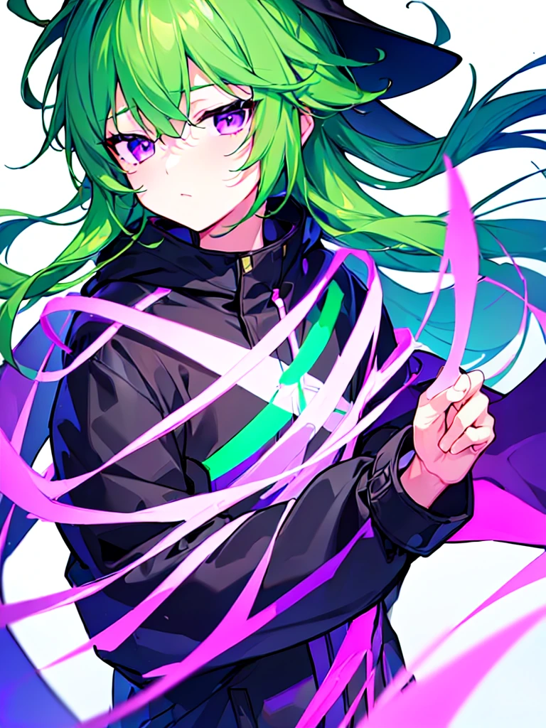[(WHITE BACKGROUND:1.5),::5], ((((masterpiece)))), high quality, ultra very high resolution, full color, (((solo))), ((little boy)), (Green hair), (Purple eyes), anime, ((upper body)), neon light, black parka, 