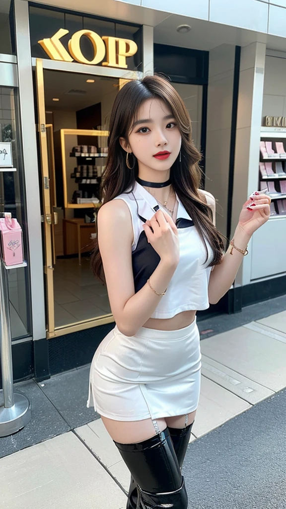 (((random composition : 1.2))), (realistic), (intricate details:1.2), (masterpiece、:1.3), (top quality:1.4), (Ultra A high resolution:1.2), Ultra A high resolution, 8K resolution, very detailed expression, (high quality), complete anatomy, natural anatomy, (full body photo:1.2), (1 korean girl), (In front of a cosmetics store's enterance :1.4), (She is promoting her new opening store.:1.5), (she Dancing femininely and sexyly : 1.4),(wearing in ear a bluetooth microphone),(she doing promotional narration with mic while dancing K-pop..:1.4), (Event girl dispatched for business promotion purposes : 1.6), she is 21 years old, (she is korean:1.6), (beautiful : 1.4), (brightly colored hair), (She is Narrator model : 1.4), (She is Companion : 1.4),(She is event assistant : 1.4), (big earrings), (in-ear microphone : 1.4), heavy makeup, cheerful expression, choker necklace, long legs, (The girl is wearing a slim, sleeveless racing girl uniform and a tight, shiny miniskirt. : 1.4), (She is wearing flesh-colored shiny pantyhose under her skirt and white overknee boots. :1.4), glowing skin, passionate promotional model, friendly smile, (Making eye contact with each other :1.4), kidney practitioner, multiple wreaths, event roulette, a standing board for promotion of store , woofer speakers, performance equipment, event product promotion, Lots of people passing by on the street and paying attention to her., In front of the shopping mall in crowed