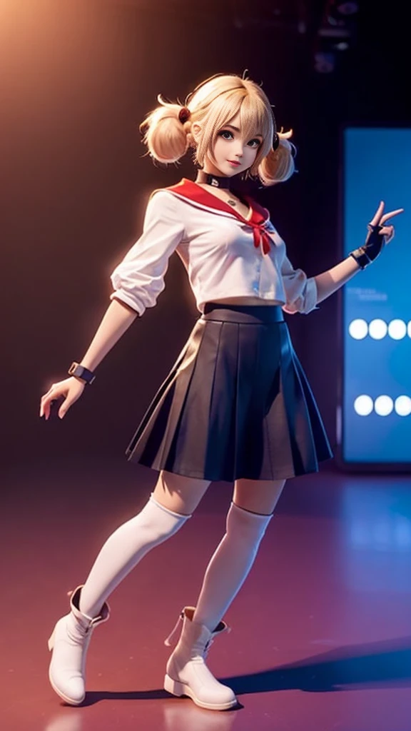The person is also generated vertically.Create a highly detailed image of a confident, magical girl character striking a dynamic pose. The character should have long, blonde twin-tails with red accessories, and she should be wearing a white and navy blue sailor outfit with a large red bow on the chest. Her outfit should include white gloves, red knee-high boots, and a red choker. Background is dim and scary.