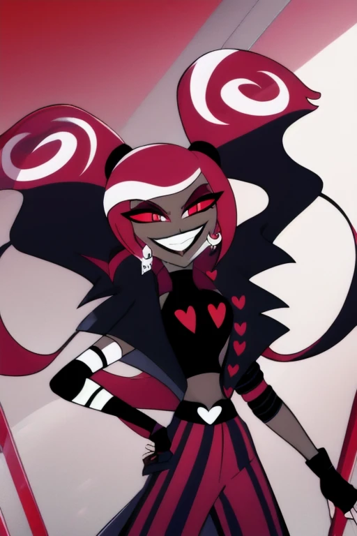 VelvetteHH, 1girl, solo, black jacket, strip pants, dark skin, ponytails, fingerless gloves, girl1, room, red eyes, white sights, black shirts, smiling