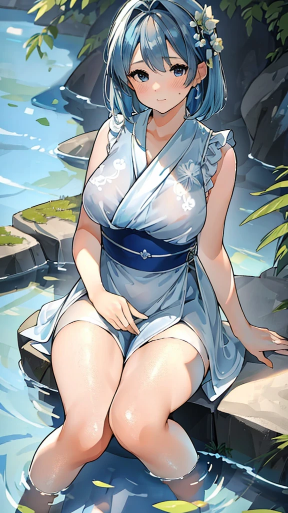 There is a blue dress, 16 long legs, A woman sitting on a rock in the water, Standing gracefully on the lotus, Ethereal Beauty, Wearing a blue cheongsam, court, A girl wearing Hanfu, Wearing a blue cheongsam, Full of immortality, in the pond, White Hanfu, Stunning young and ethereal figure, elegant dress, Light Blue, hair behind ears
