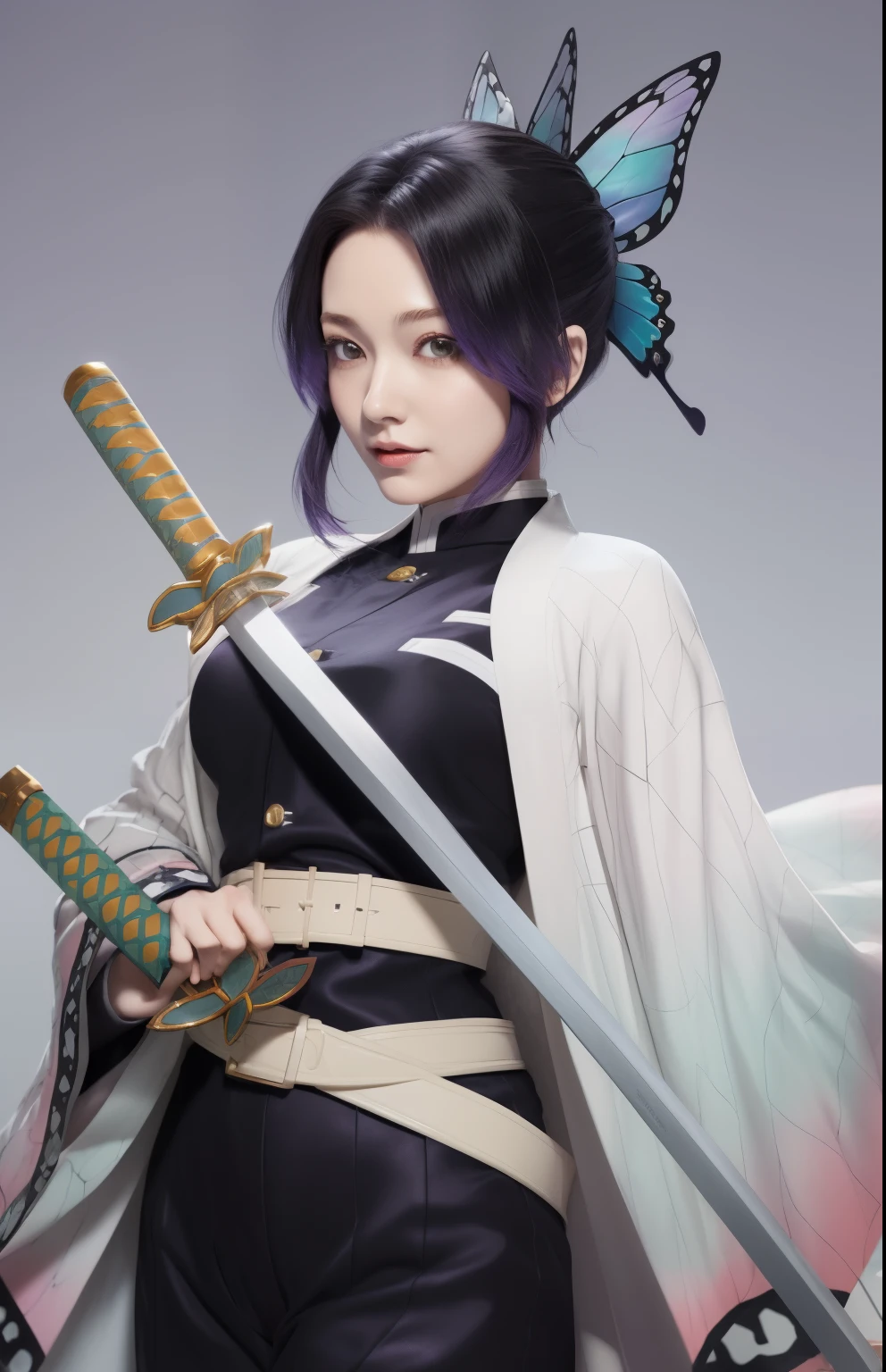 Woman in purple dress holding butterfly and sword, Duelist Style, The Detailed Art of the Onmyoji, Demon Slayer Art Style, Guilty Gear Strike Splash Art, Genshin Impact Characters, onmyoji, Keqing of Genshin Impact, Handsome men from Demon Slayer, Genshin Impact Mid-Range, Detailed Key Anime Art