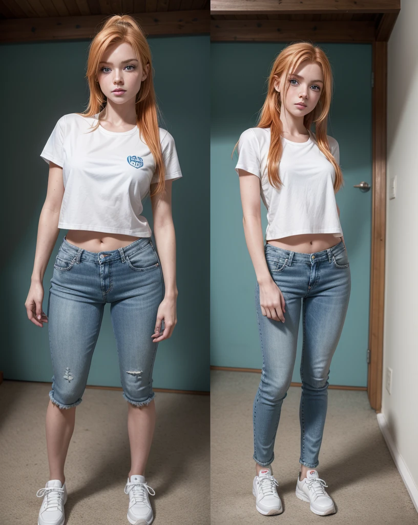 Chica bandicoot rubia con good body de blue eyes , sexy young girl, good body, strong red hair, long ponytail hair, blue eyes, blue jeans, White shirt, white tennis shoes, standing