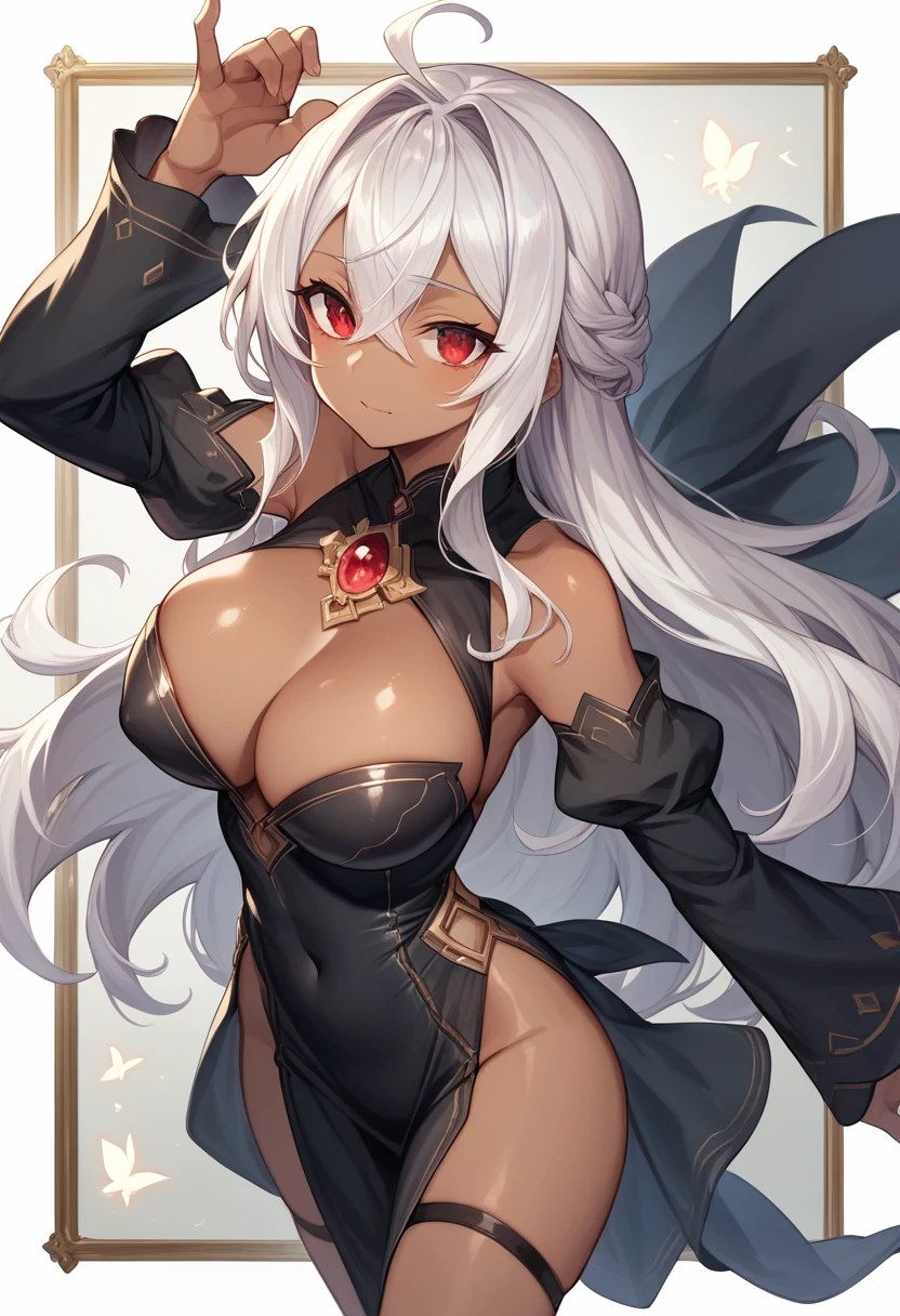 masterpiece, high quality, 4K, Beautiful design, Shiny, Award-winning photo, Very detailed, wonderful, The finer details, Absurd, Very detailed woman, Very detailed , Black Dress、Red eye contact lenses、Breast size D、I can see the chest、(One Girl)Dark Skin , Dynamic Angle , Official Art , Are standing ,