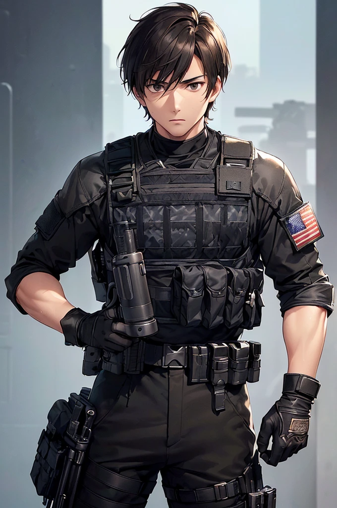 (masterpiece; best quality: 1.2), (finely detailed eyes: 1.3), ((25 year old man)), ((solo)), (black eyes: 1.4), (body; wiry, fit, masculine: 1.3), (short brown hair: 1.3), (beautiful and clear background: 1.2), ((depth of field)), (equipment: spec ops full black tactical combat-ready gear + black gloves + holstered gun + pouches: 1.3), (anime illustration: 1.2), (background composition; military base office: 1.1), (extremely fine and handsome: 1.1), (shot composition; standing + centered on torso + close-up: 1.5), (expression; calm, stoic: 1.2)