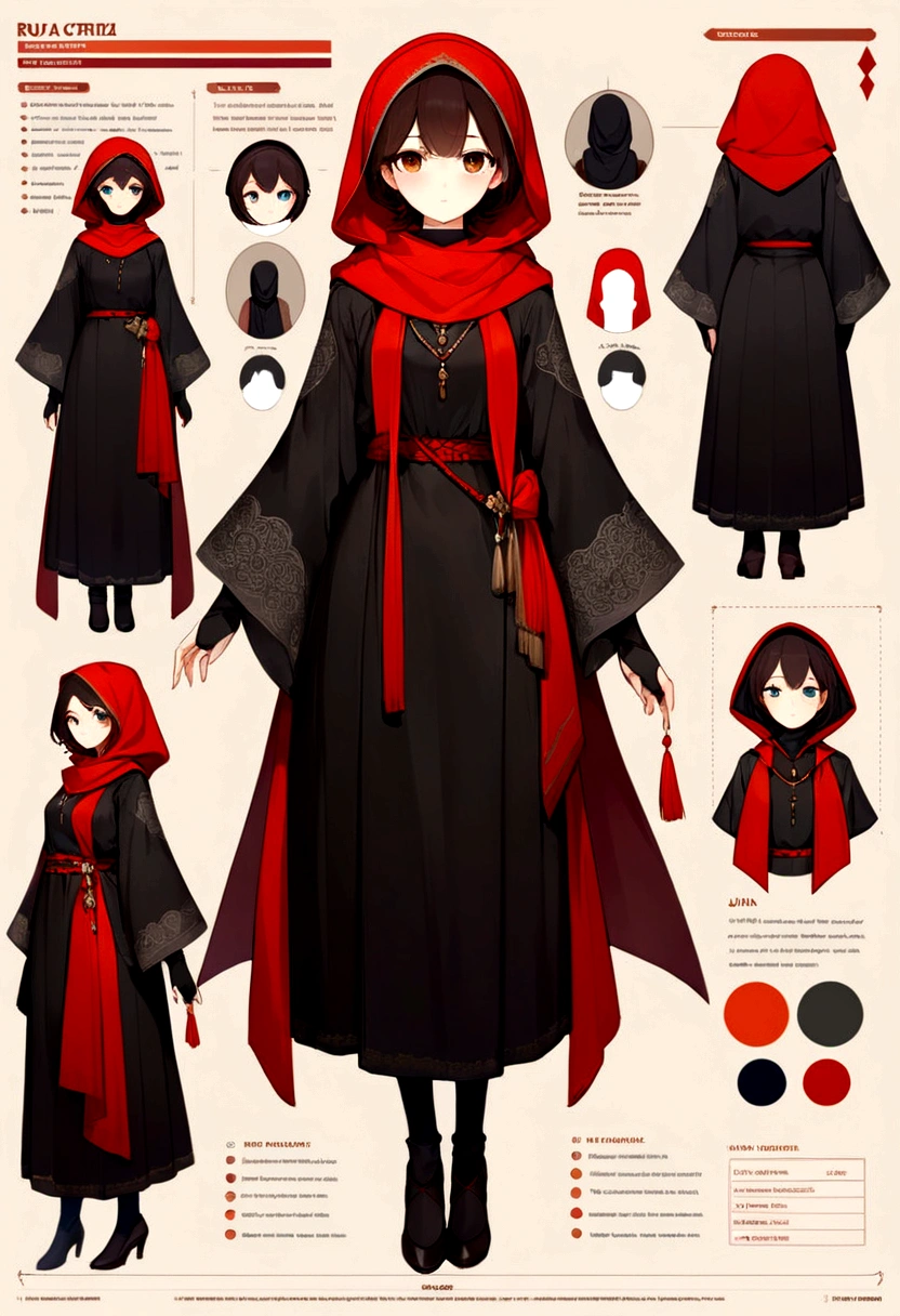(full body of a medieval woman with a Hajib, She wears noble clothes and has brown eyes ), (innocent features)(cicatriz), ((good detailed eyes)) rosto ultra detaild, rpg concept art, art by greg rutkowski, art by ruan jia, arte de Ilya kuvshinov, ambiente darker, darker, character sheet, ultra detaild, ultra quality